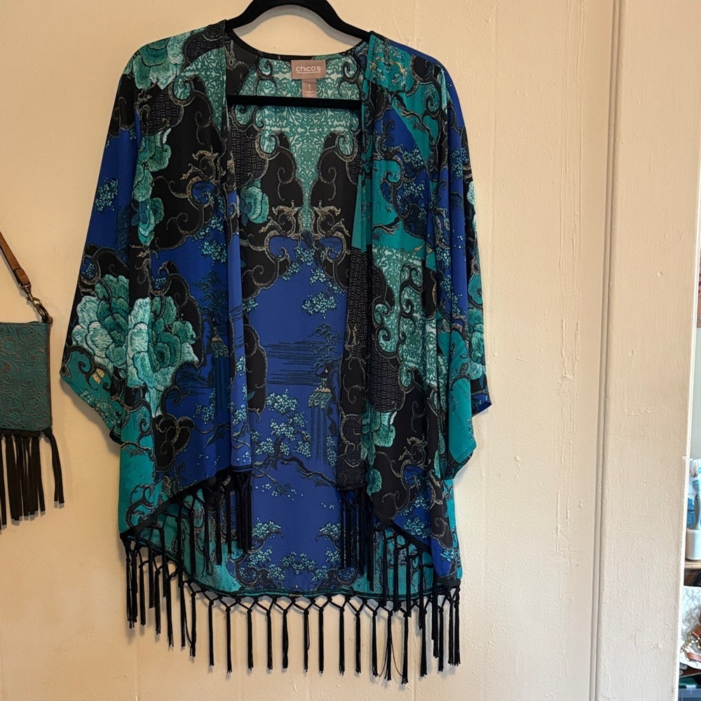 Festival ready Chico's Teal and Black Patterned Kimono with Fringe